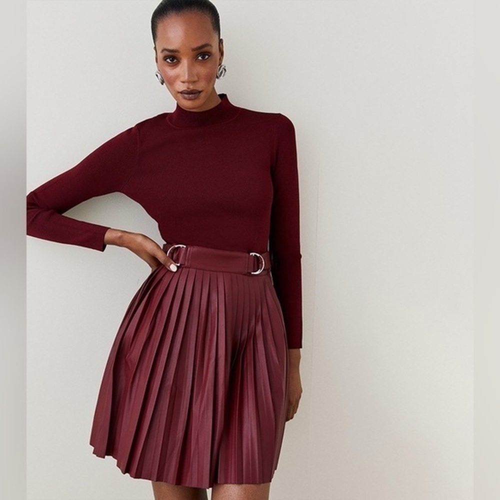Karen Millen Burgundy A-Line Pleated Skirt Size Large